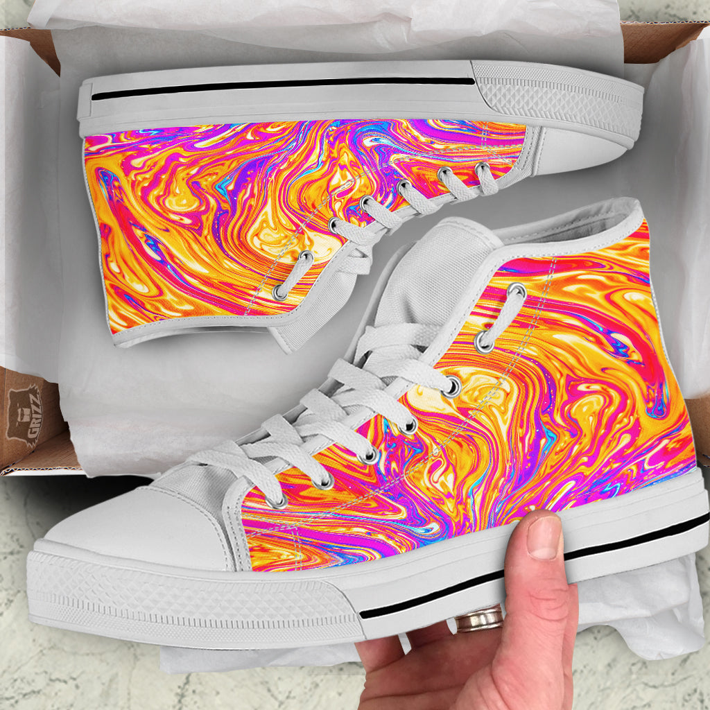 Abstract Orange Psychedelic Print White High Top Shoes-grizzshop