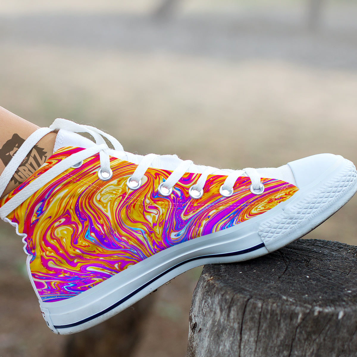 Abstract Orange Psychedelic Print White High Top Shoes-grizzshop