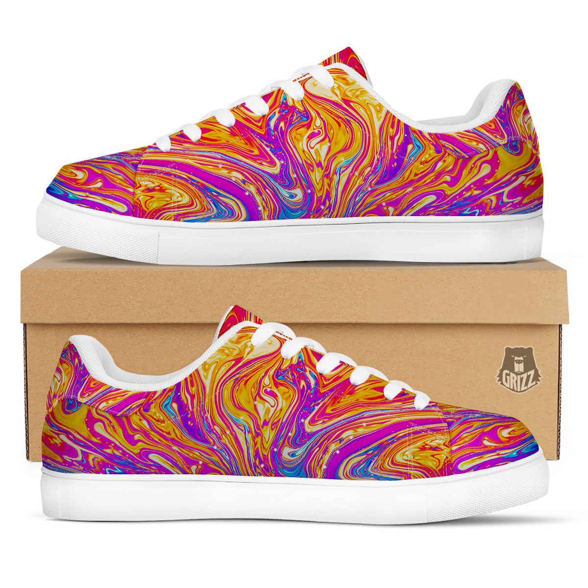 Abstract Orange Psychedelic Print White Low Top Sneakers-grizzshop