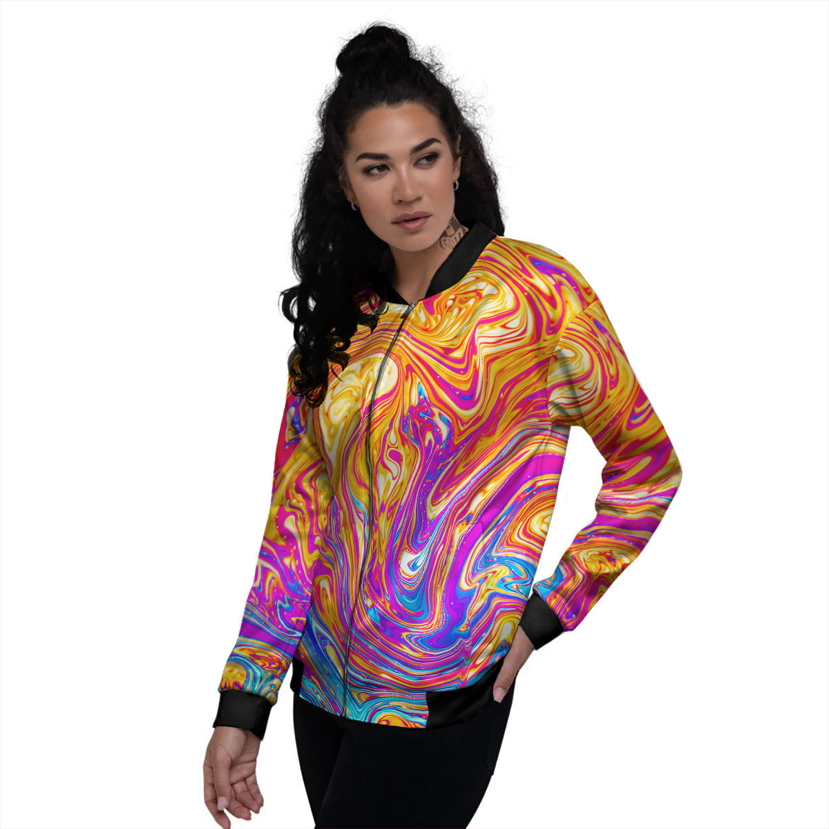 Abstract Orange Psychedelic Print Women's Bomber Jacket-grizzshop