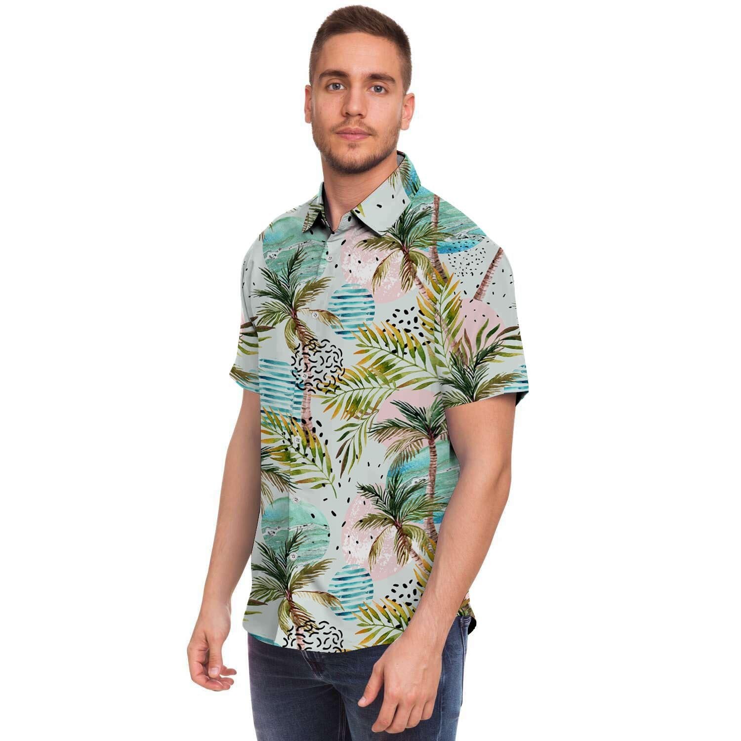 Abstract Palm Tree Hawaiian Print Men's Short Sleeve Shirt-grizzshop