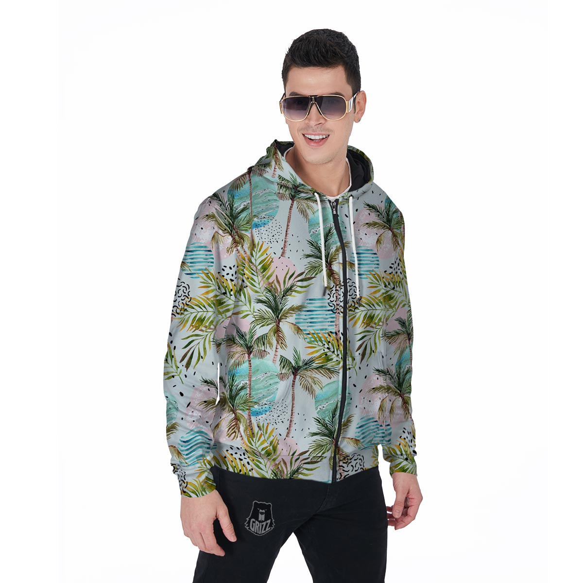 Abstract Palm Tree Hawaiian Print Men's Zip Up Hoodie-grizzshop