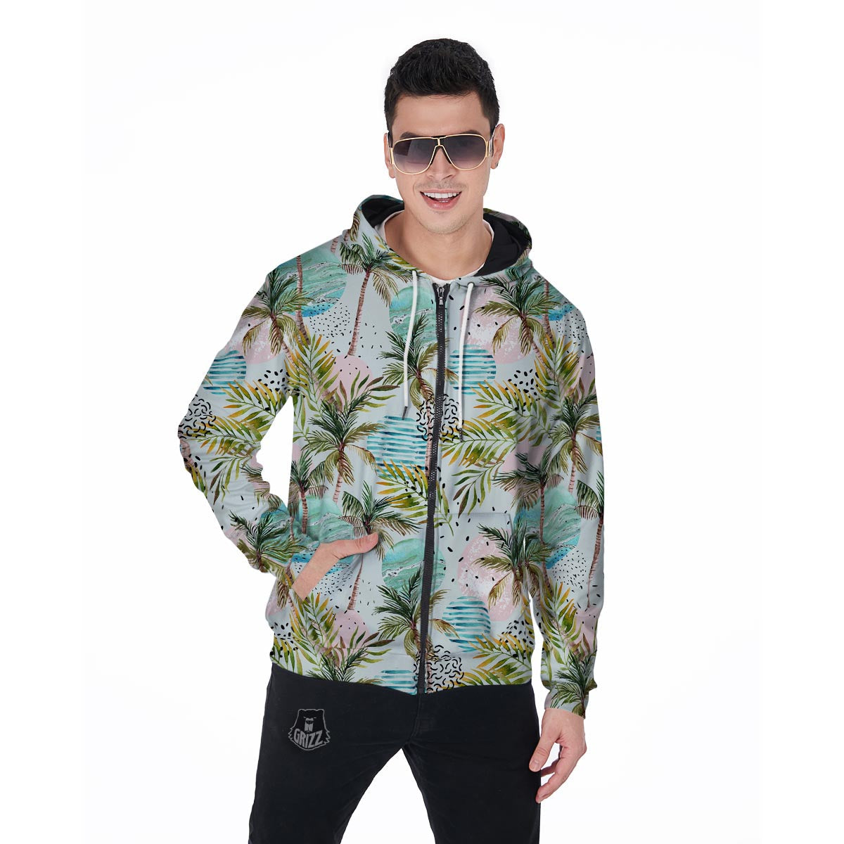 Abstract Palm Tree Hawaiian Print Men's Zip Up Hoodie-grizzshop