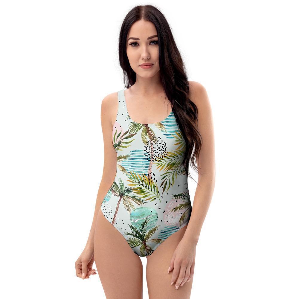 Abstract Palm Tree Hawaiian Print One Piece Swimsuite-grizzshop