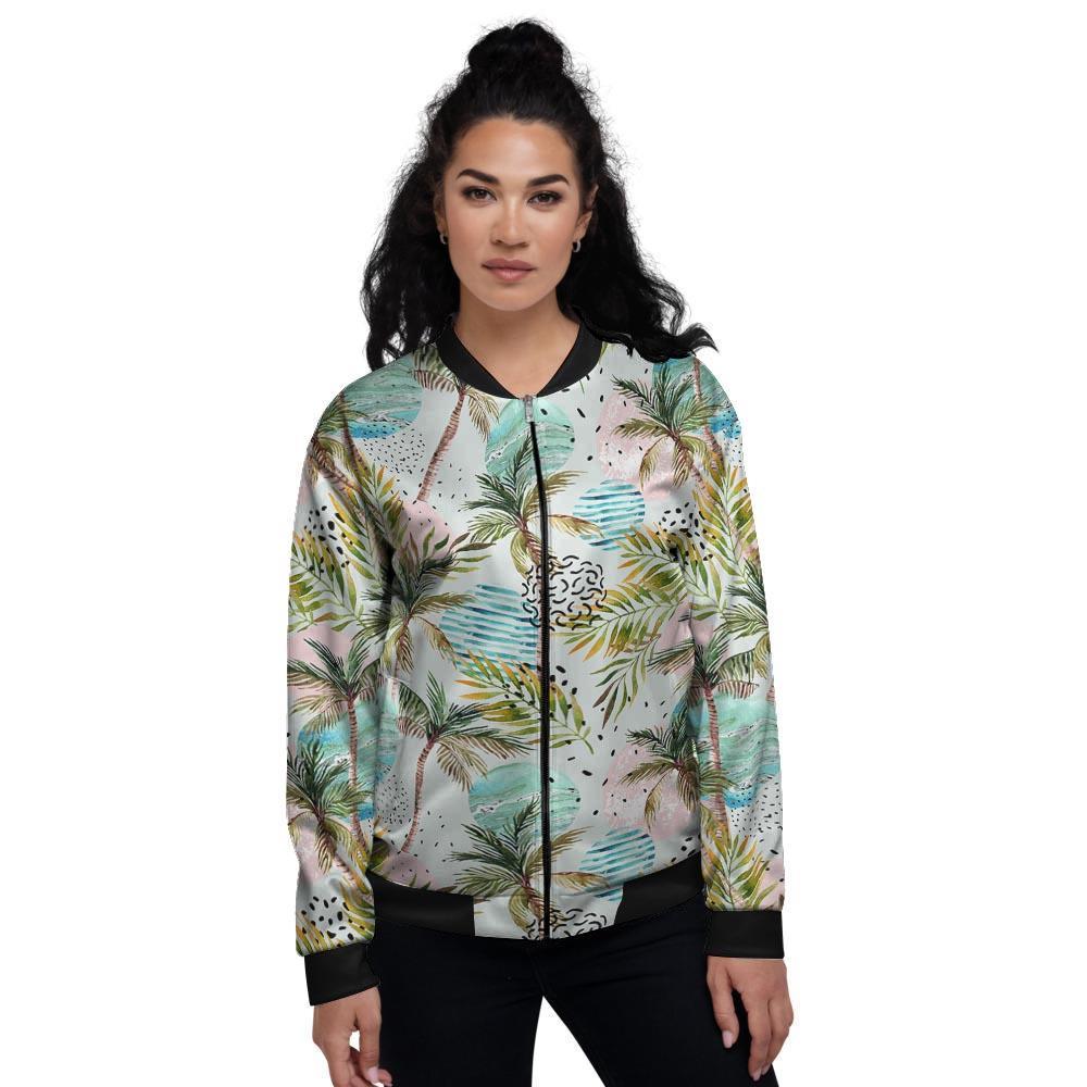 Abstract Palm Tree Hawaiian Print Women's Bomber Jacket-grizzshop