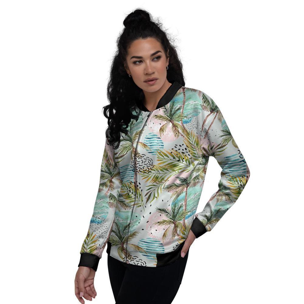 Abstract Palm Tree Hawaiian Print Women's Bomber Jacket-grizzshop