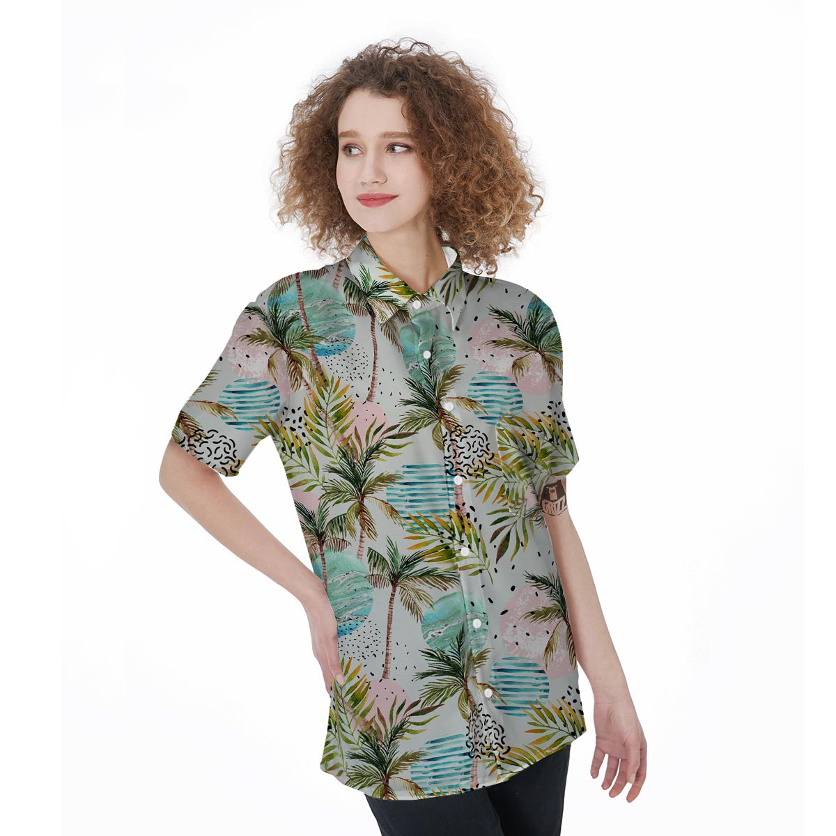 Abstract Palm Tree Hawaiian Print Women's Short Sleeve Shirts-grizzshop