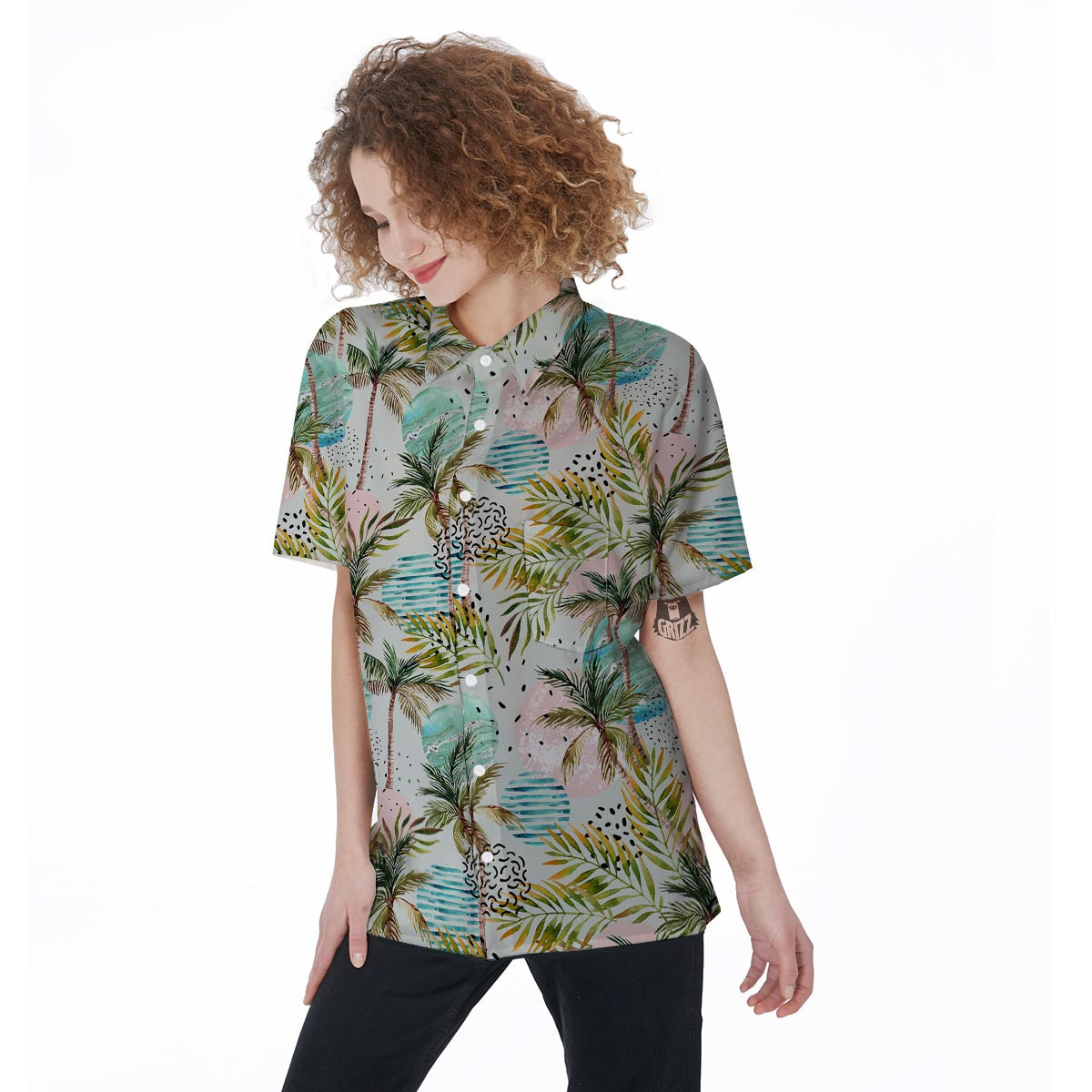 Abstract Palm Tree Hawaiian Print Women's Short Sleeve Shirts-grizzshop