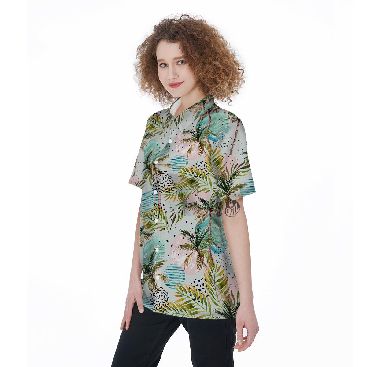 Abstract Palm Tree Hawaiian Print Women's Short Sleeve Shirts-grizzshop