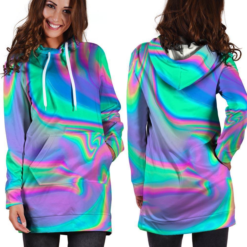 Abstract Pastel Holographic Hoodie Dress-grizzshop