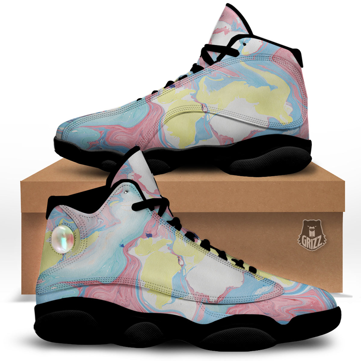 Abstract Pastel Texture Marble Print Black Basketball Shoes-grizzshop