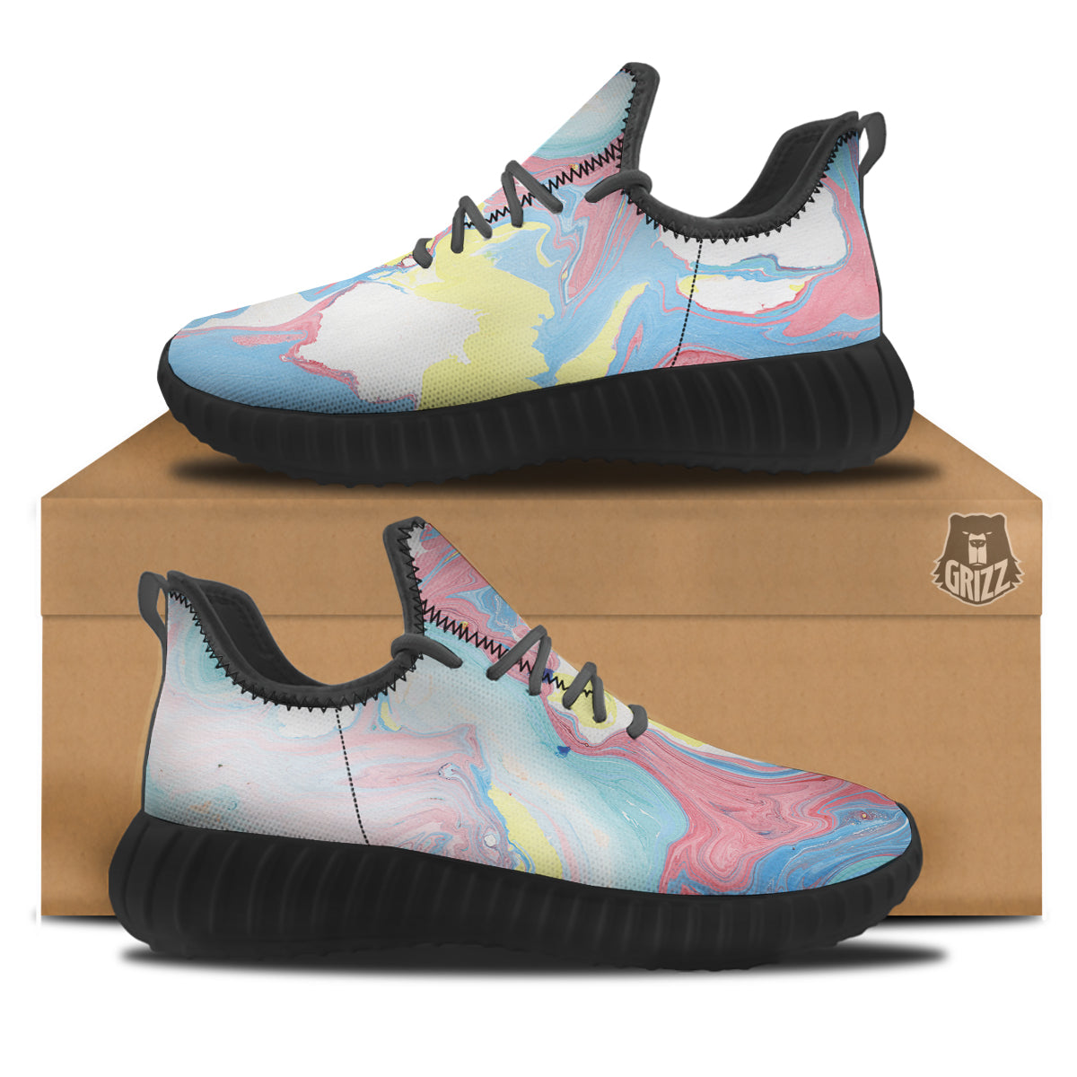 Abstract Pastel Texture Marble Print Black Walking Shoes-grizzshop
