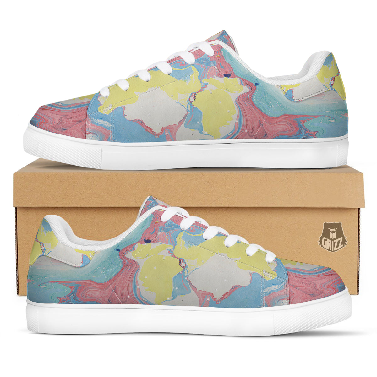 Abstract Pastel Texture Marble Print White Low Top Sneakers-grizzshop