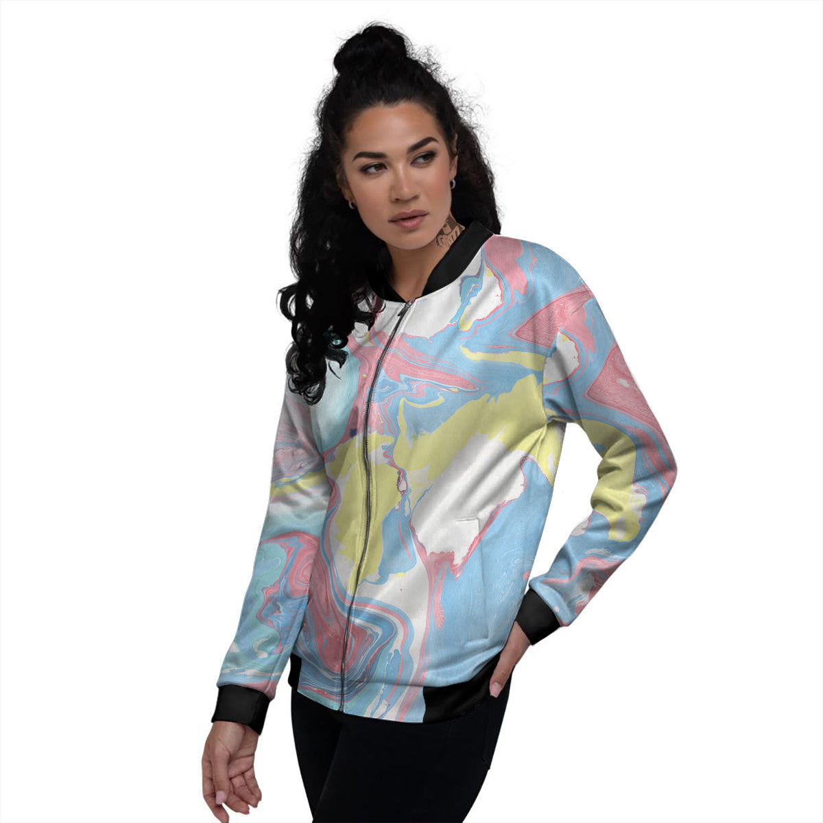 Abstract Pastel Texture Marble Print Women's Bomber Jacket-grizzshop