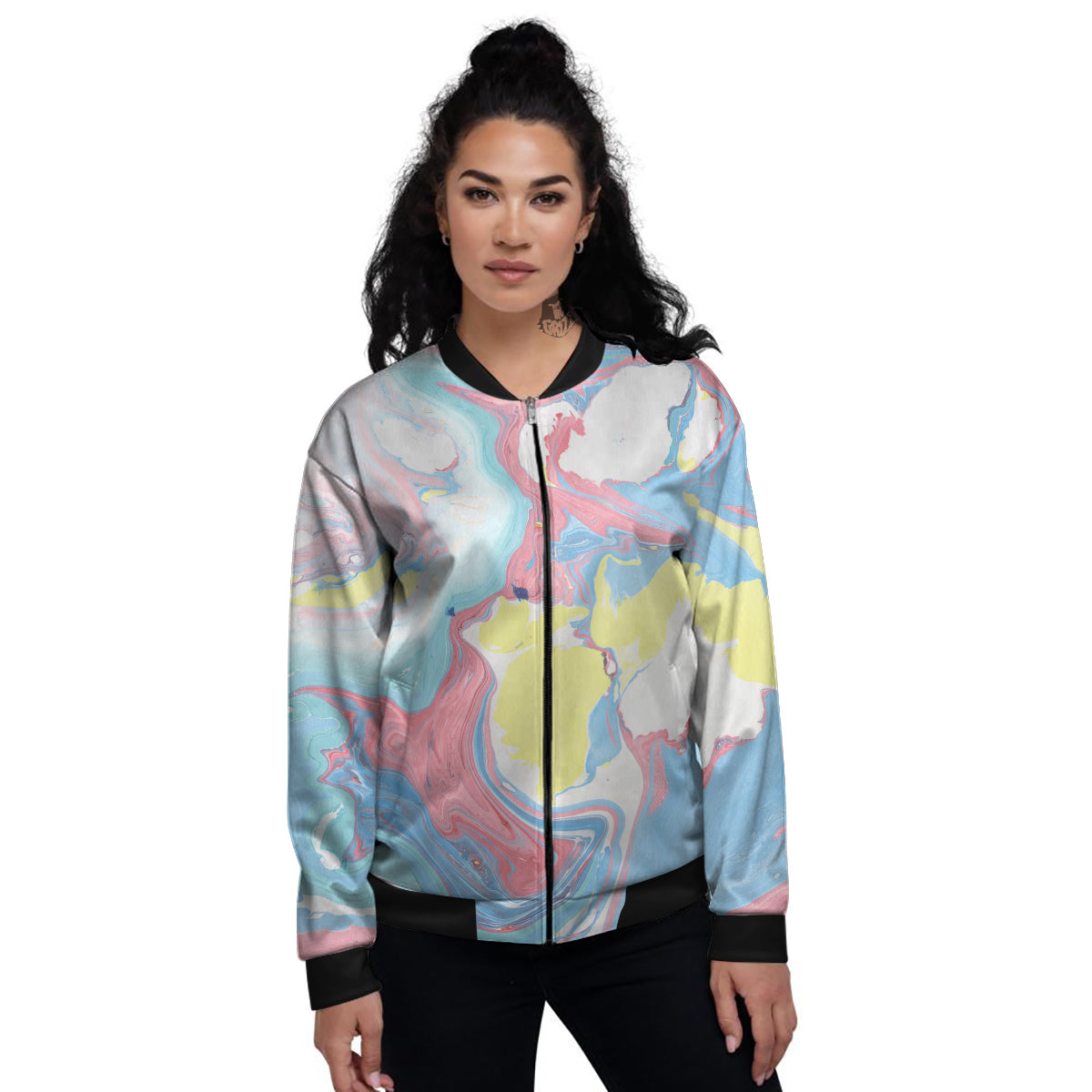 Abstract Pastel Texture Marble Print Women's Bomber Jacket-grizzshop