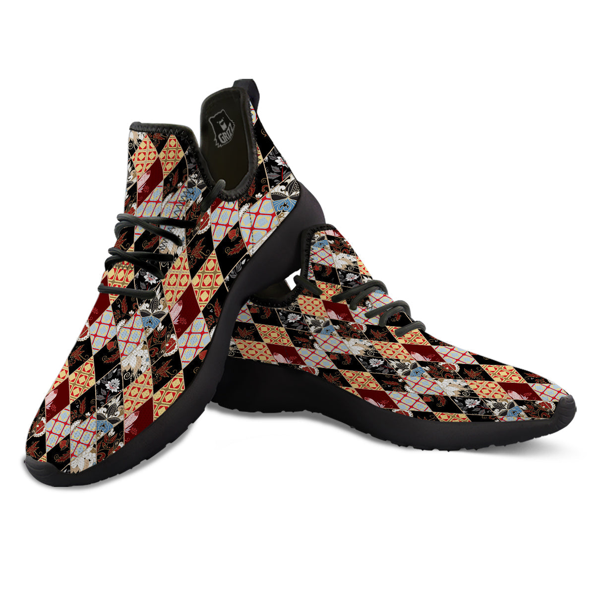 Abstract Patchwork Floral Print Pattern Black Athletic Shoes-grizzshop