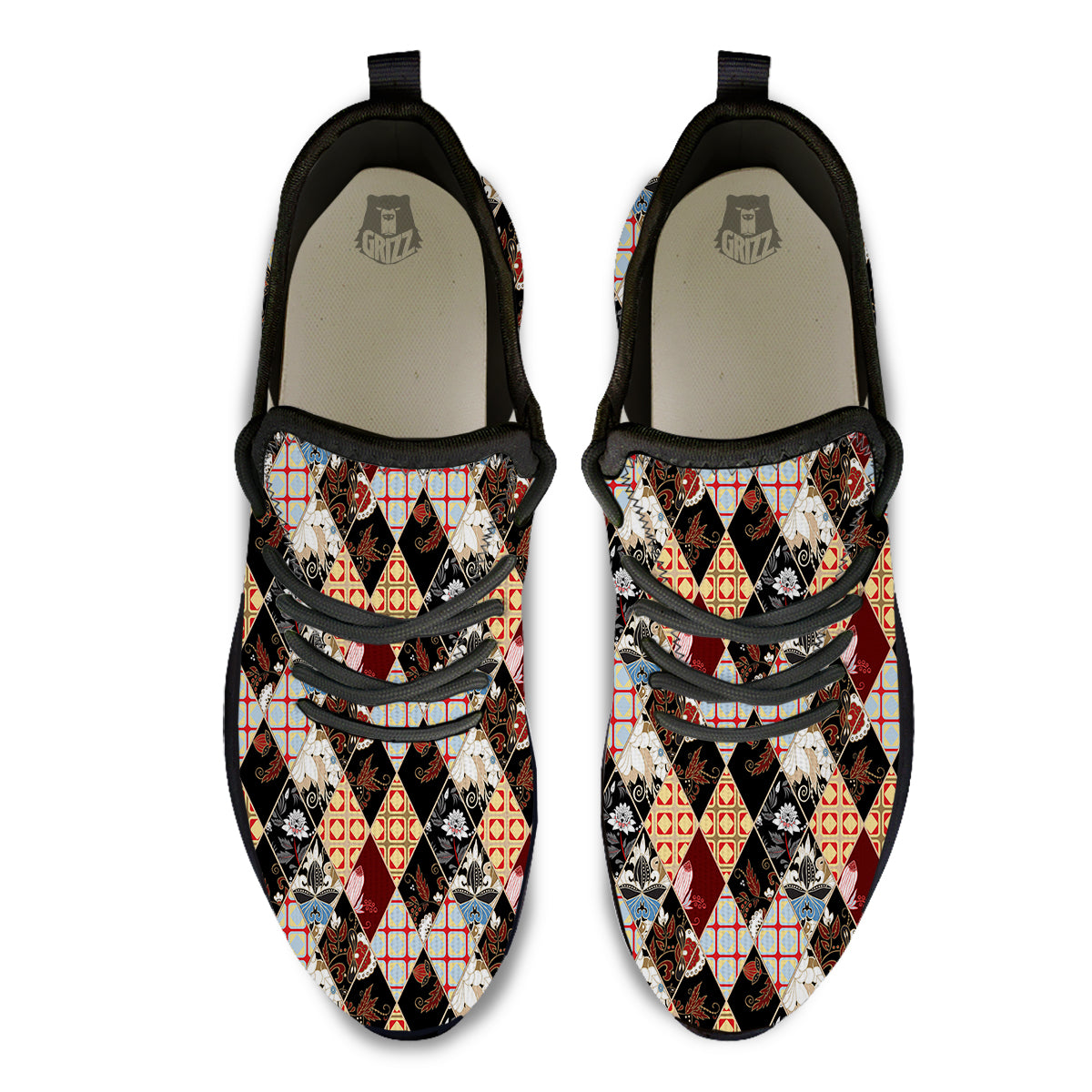 Abstract Patchwork Floral Print Pattern Black Athletic Shoes-grizzshop