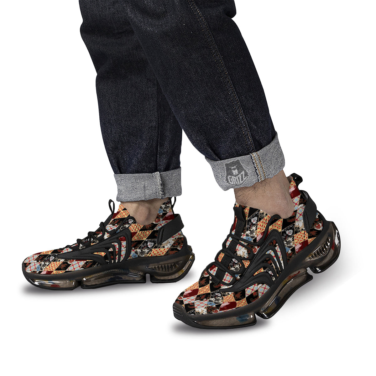 Abstract Patchwork Floral Print Pattern Black Gym Shoes-grizzshop