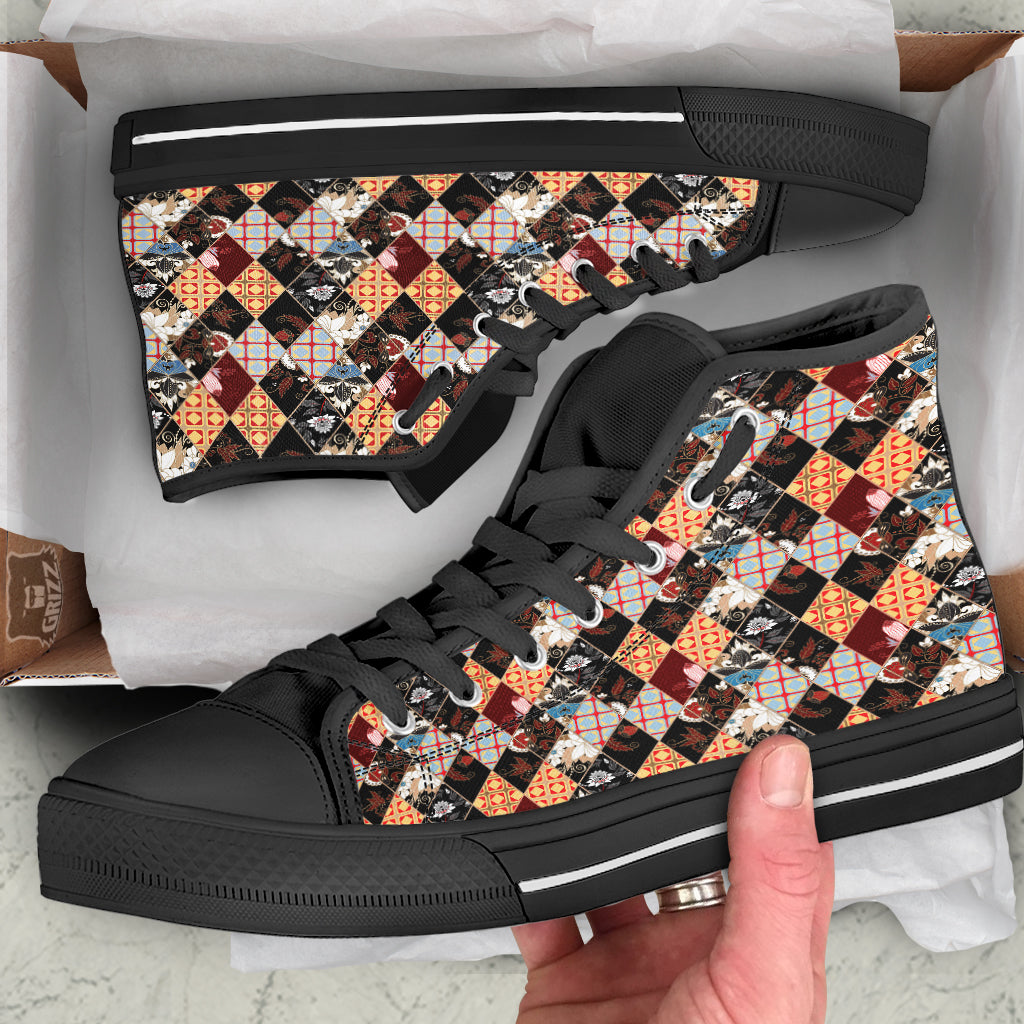 Abstract Patchwork Floral Print Pattern Black High Top Shoes-grizzshop