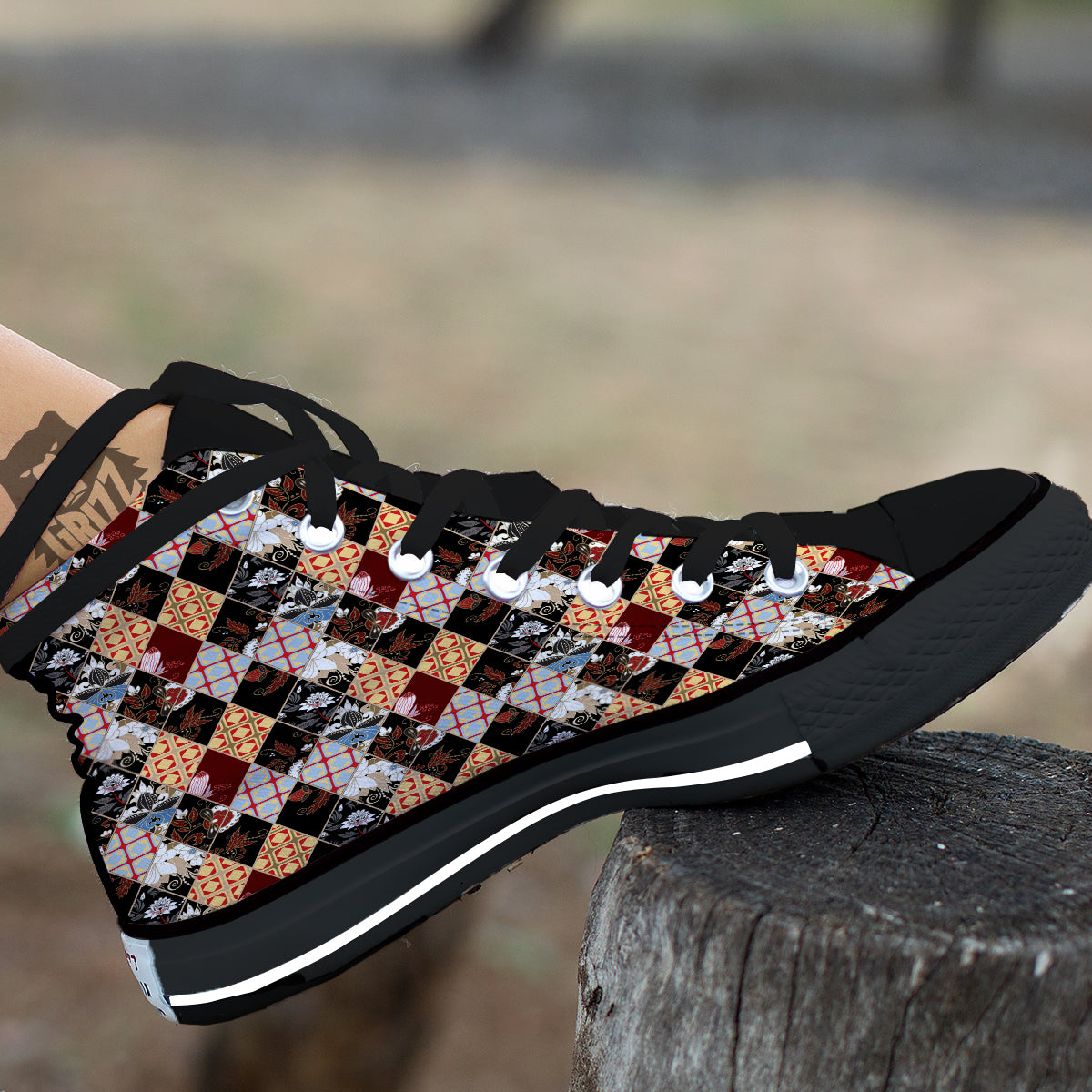 Abstract Patchwork Floral Print Pattern Black High Top Shoes-grizzshop