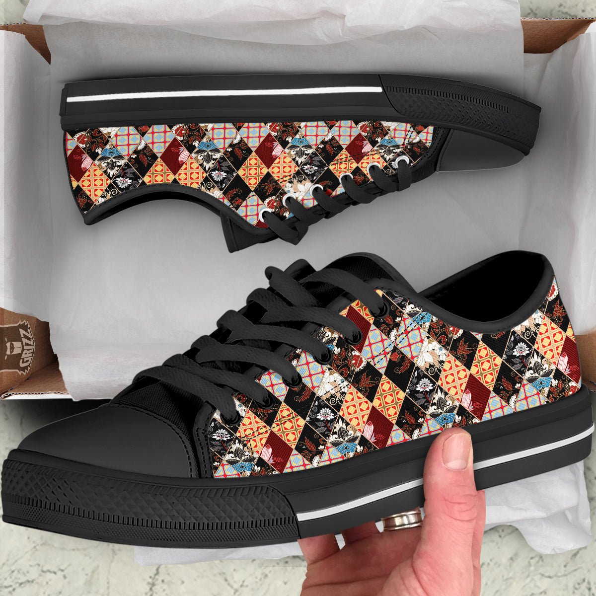 Abstract Patchwork Floral Print Pattern Black Low Top Shoes-grizzshop