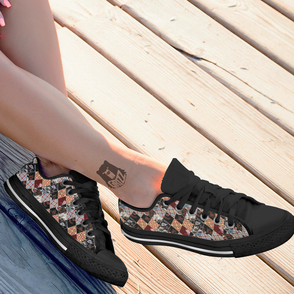 Abstract Patchwork Floral Print Pattern Black Low Top Shoes-grizzshop