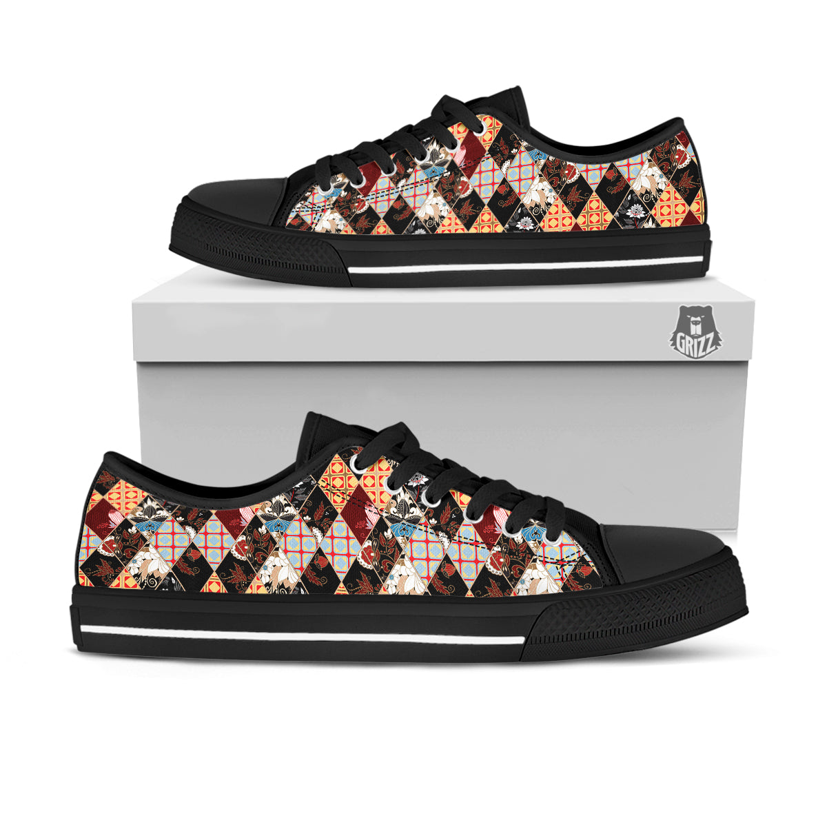 Abstract Patchwork Floral Print Pattern Black Low Top Shoes-grizzshop