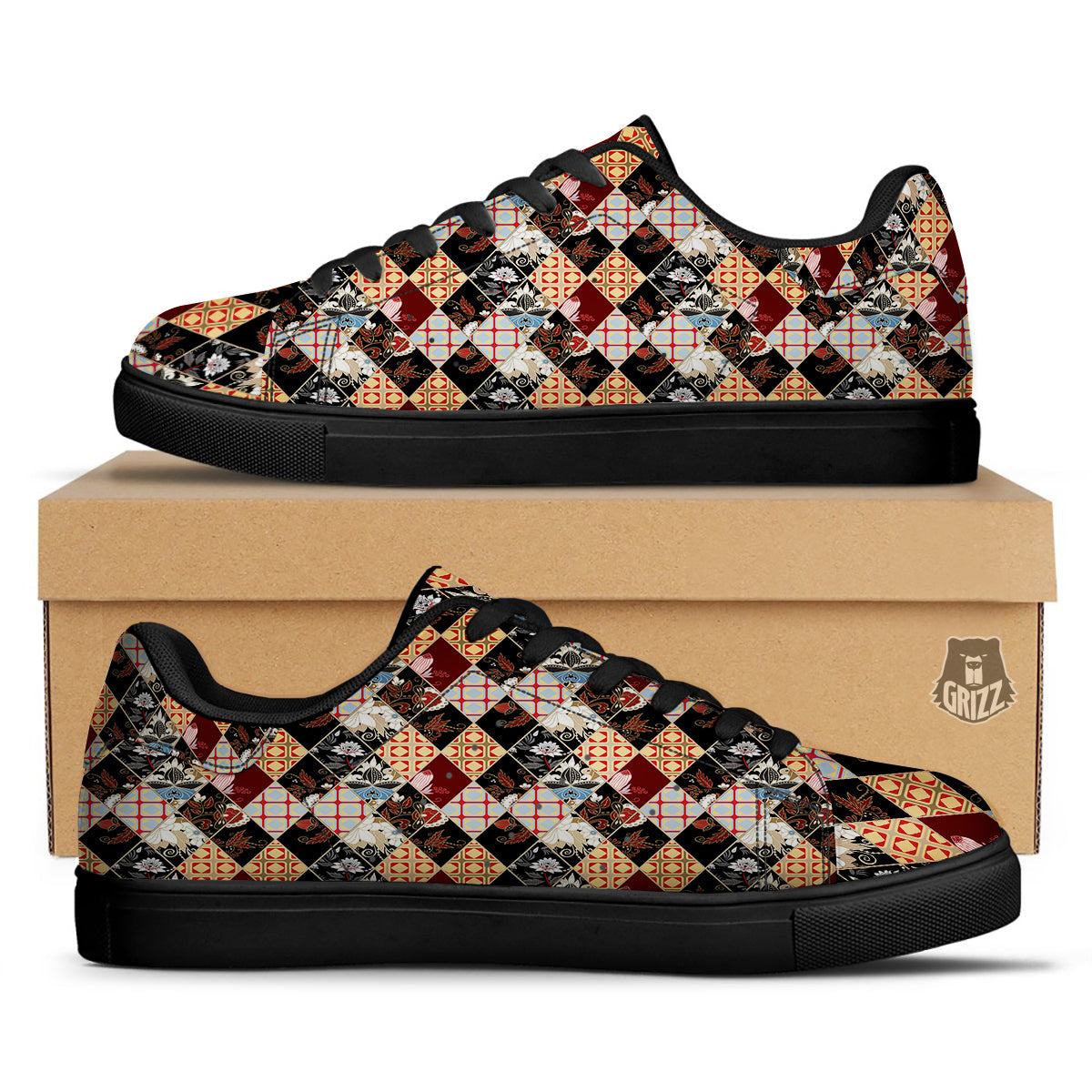 Abstract Patchwork Floral Print Pattern Black Low Top Sneakers-grizzshop