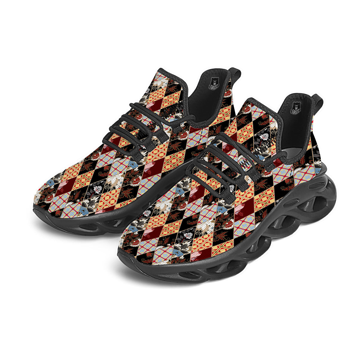 Abstract Patchwork Floral Print Pattern Black Running Shoes-grizzshop