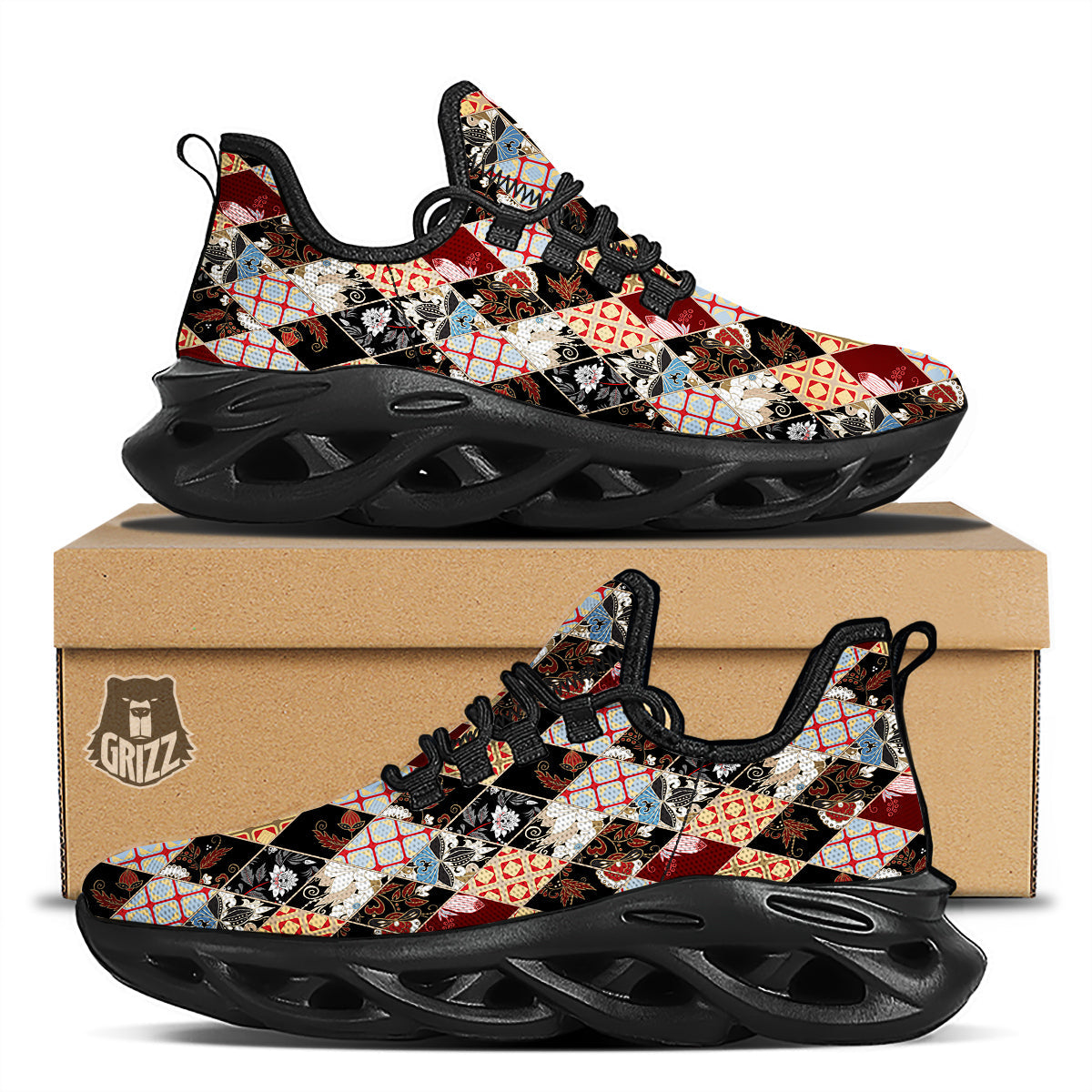 Abstract Patchwork Floral Print Pattern Black Running Shoes-grizzshop