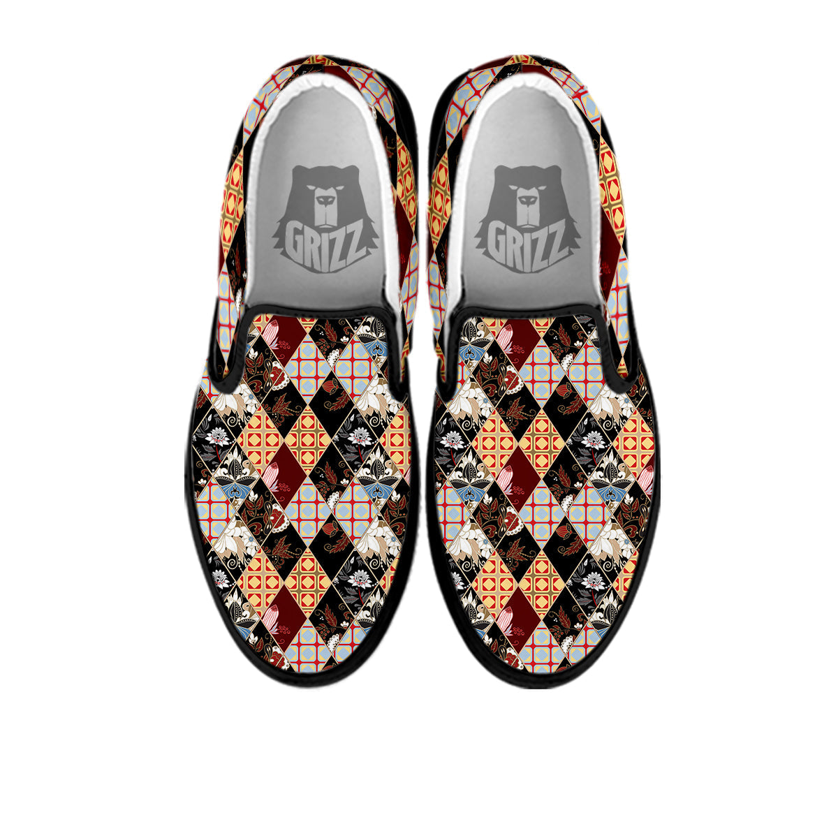 Abstract Patchwork Floral Print Pattern Black Slip On Shoes-grizzshop
