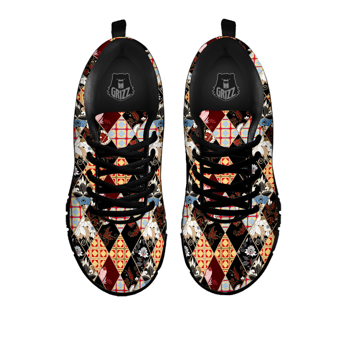 Abstract Patchwork Floral Print Pattern Black Sneaker-grizzshop
