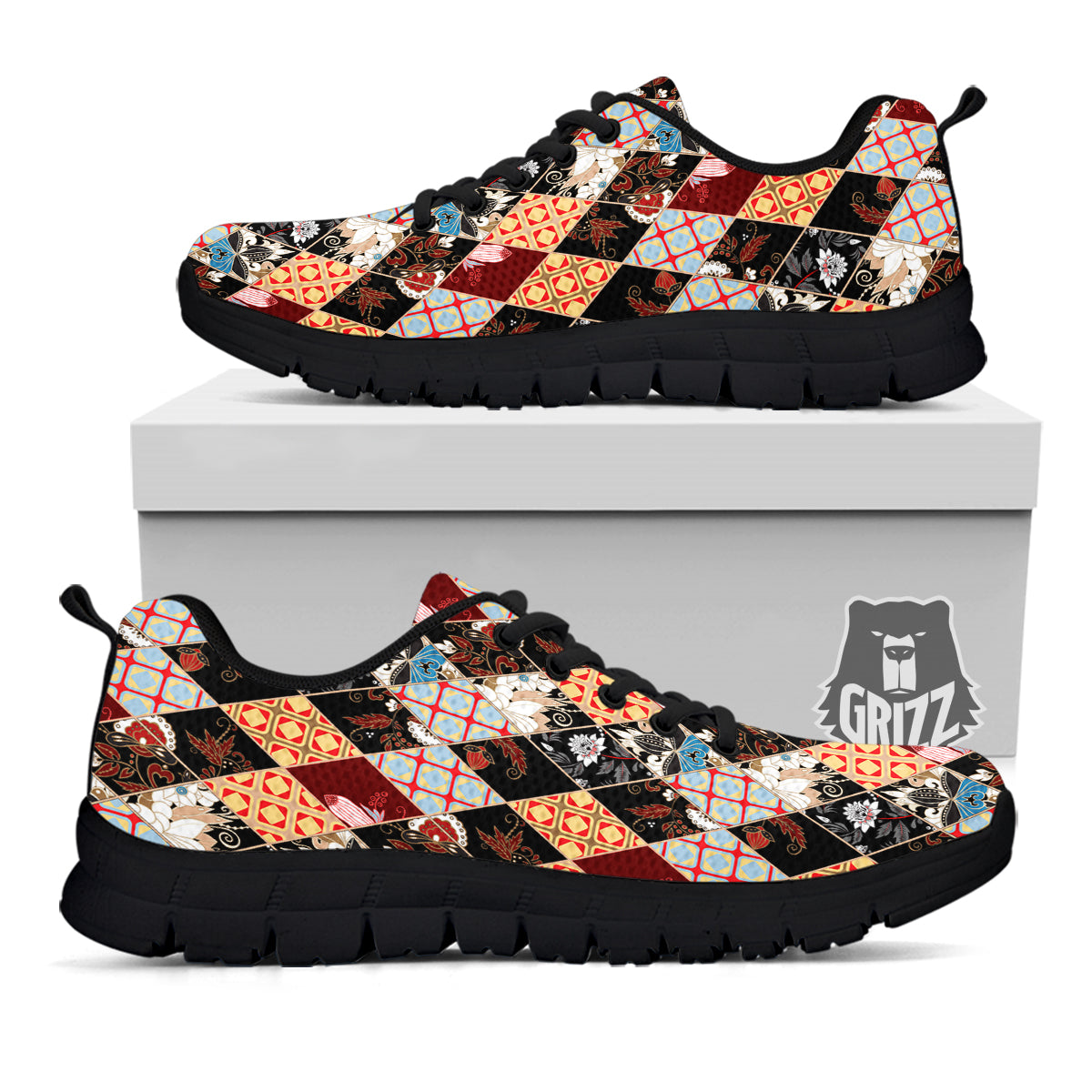 Abstract Patchwork Floral Print Pattern Black Sneaker-grizzshop