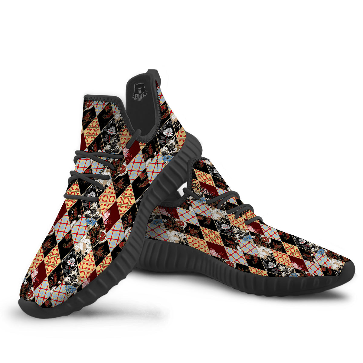 Abstract Patchwork Floral Print Pattern Black Walking Shoes-grizzshop