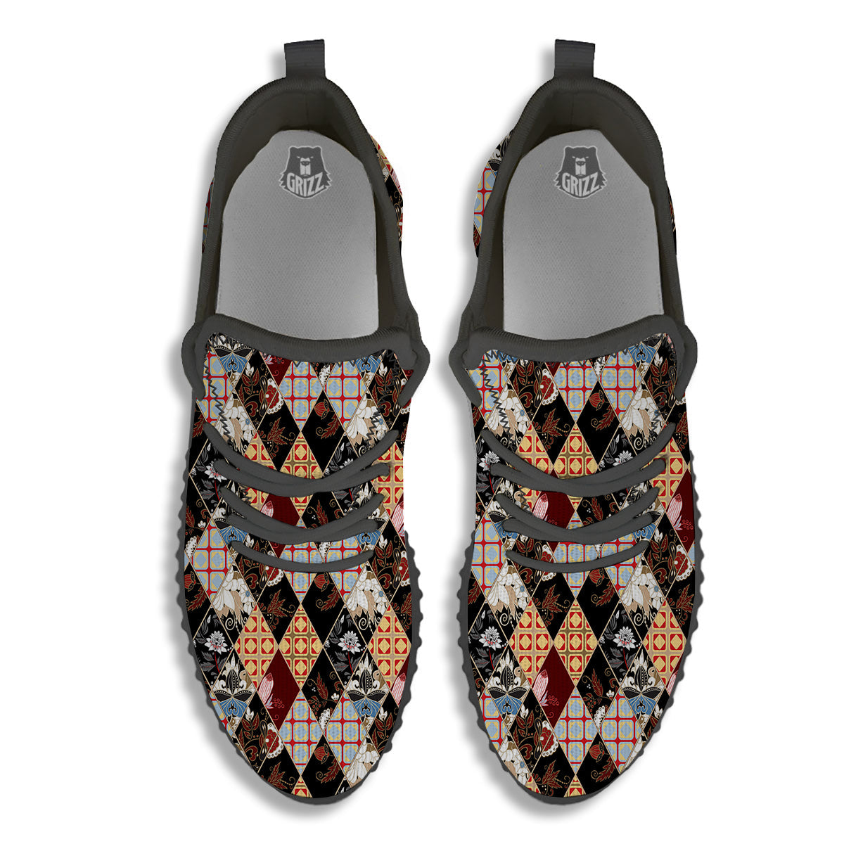 Abstract Patchwork Floral Print Pattern Black Walking Shoes-grizzshop