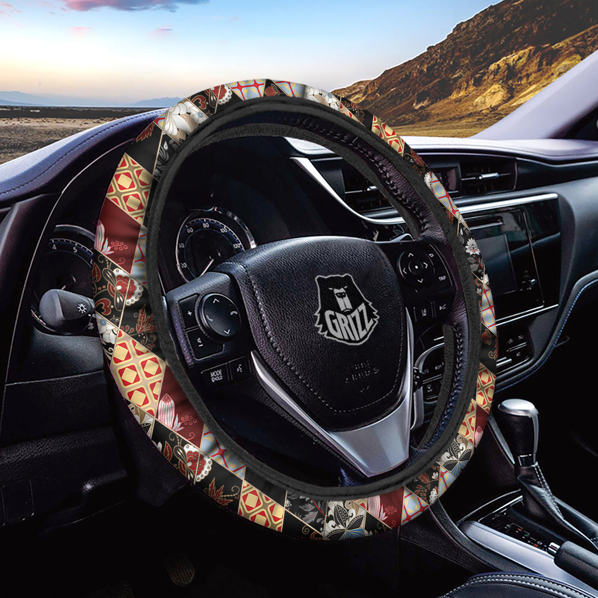 Abstract Patchwork Floral Print Pattern Car Steering Wheel Cover-grizzshop