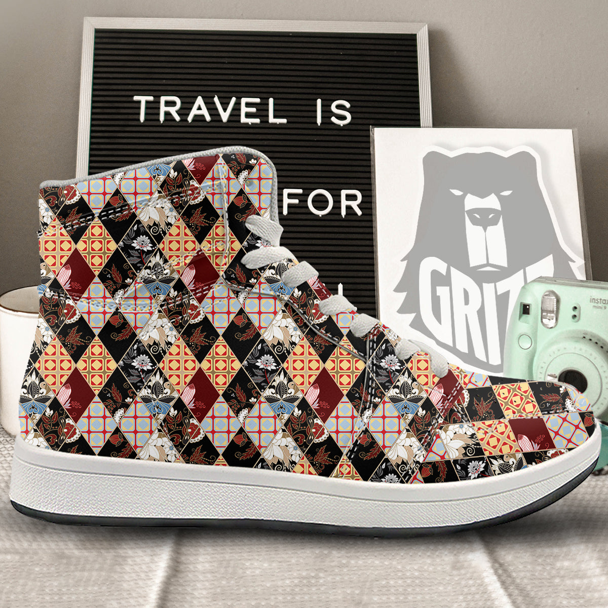 Abstract Patchwork Floral Print Pattern High Top Sneakers-grizzshop