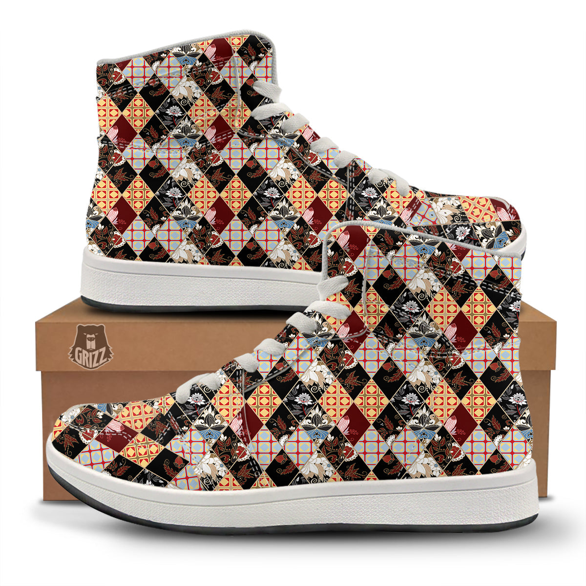Abstract Patchwork Floral Print Pattern High Top Sneakers-grizzshop