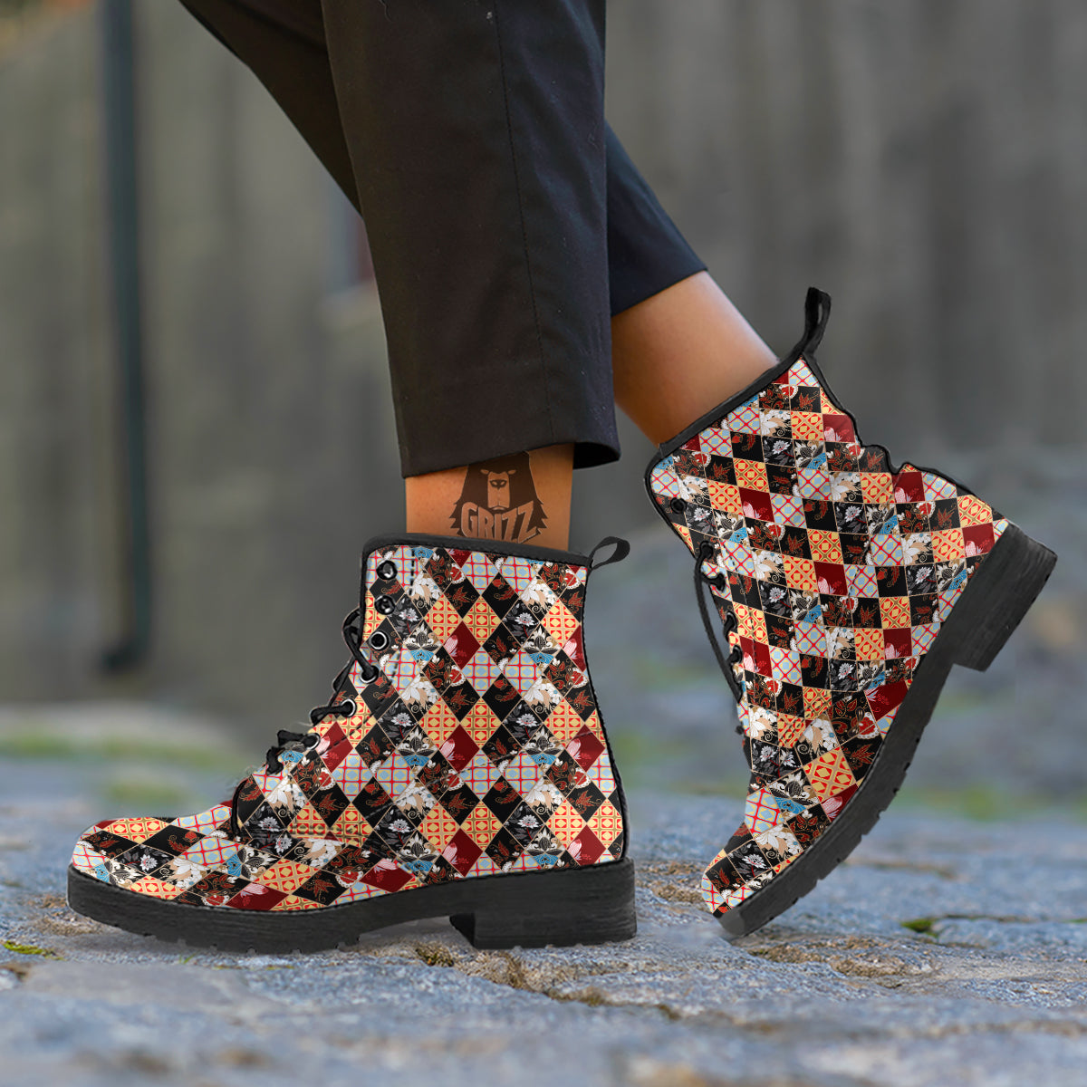 Abstract Patchwork Floral Print Pattern Leather Boots-grizzshop