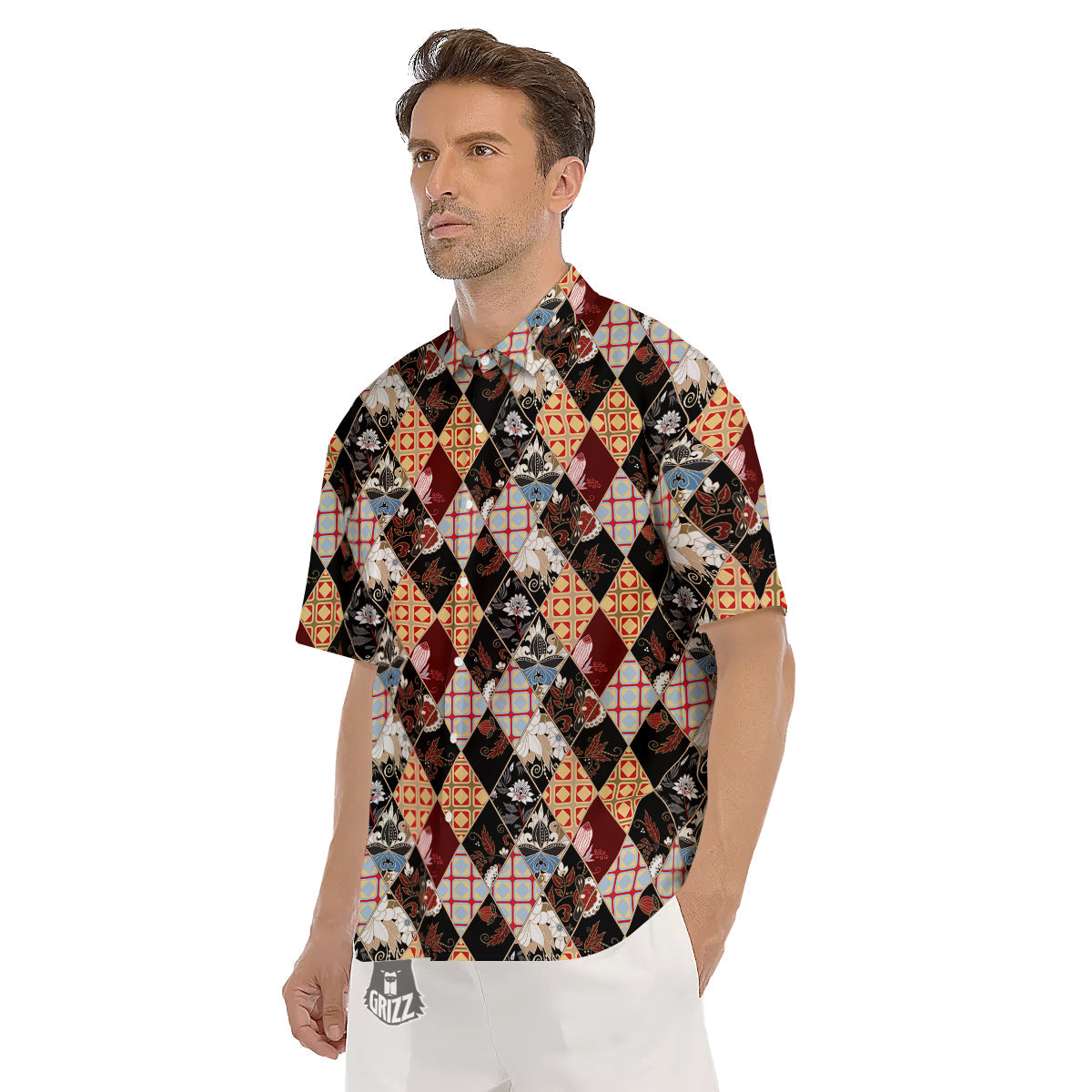 Abstract Patchwork Floral Print Pattern Men's Short Sleeve Shirts-grizzshop