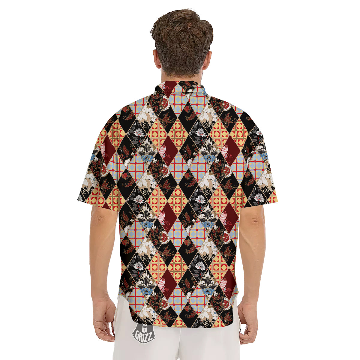 Abstract Patchwork Floral Print Pattern Men's Short Sleeve Shirts-grizzshop