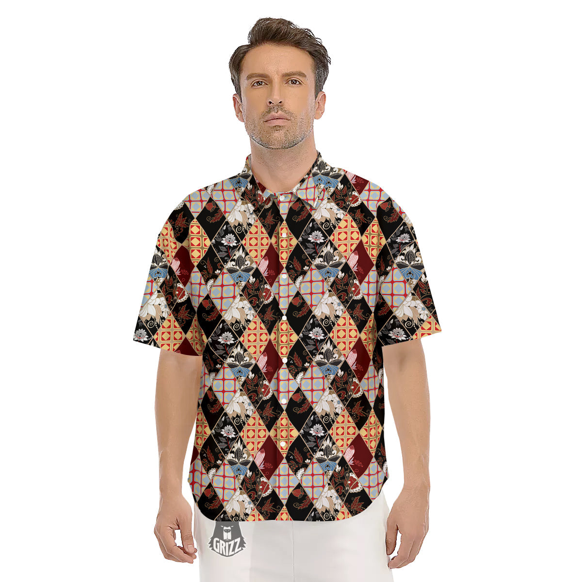 Abstract Patchwork Floral Print Pattern Men's Short Sleeve Shirts-grizzshop