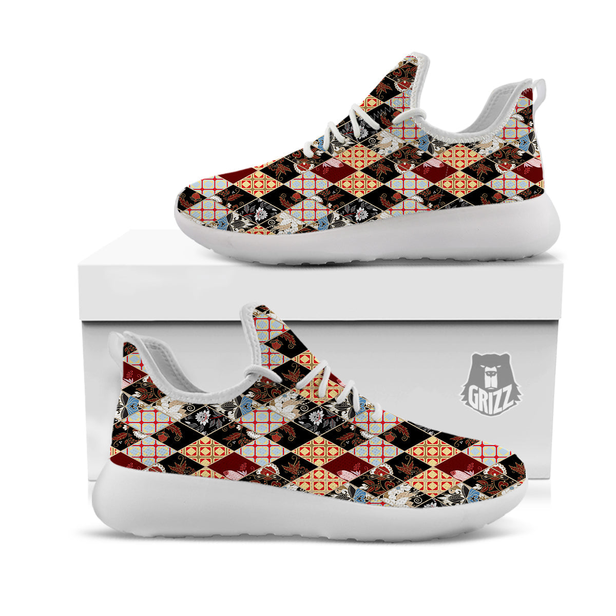 Abstract Patchwork Floral Print Pattern White Athletic Shoes-grizzshop
