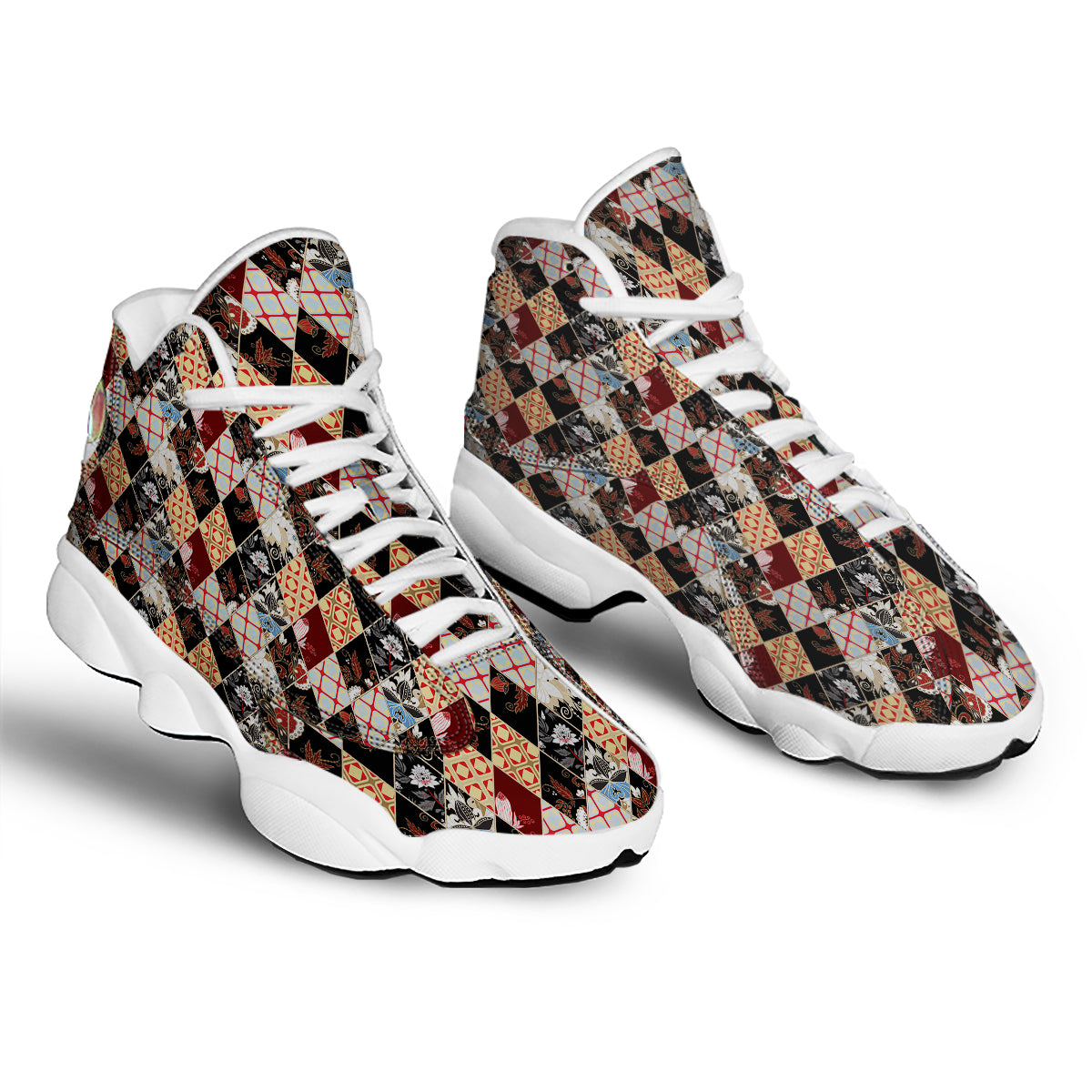 Abstract Patchwork Floral Print Pattern White Basketball Shoes-grizzshop