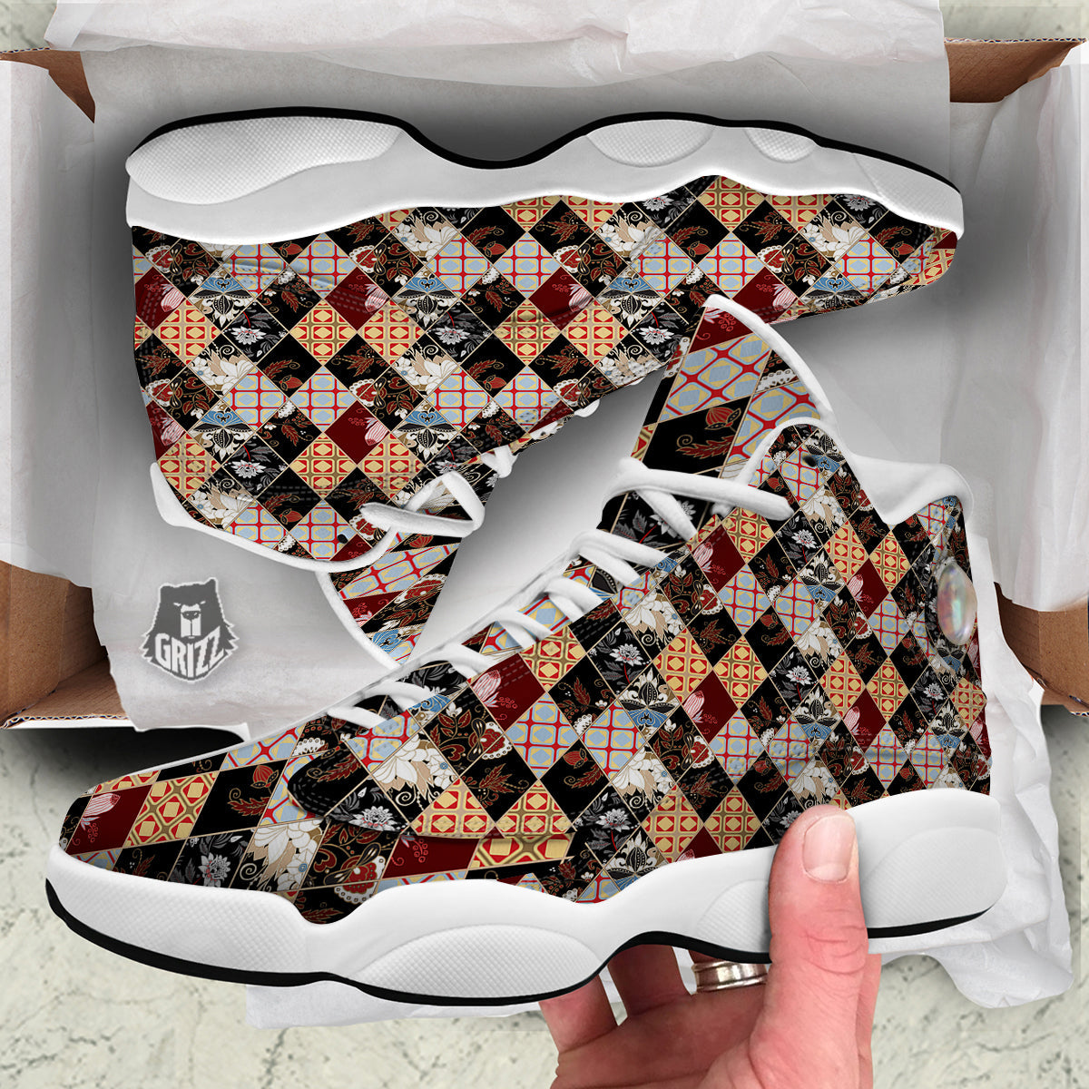 Abstract Patchwork Floral Print Pattern White Basketball Shoes-grizzshop