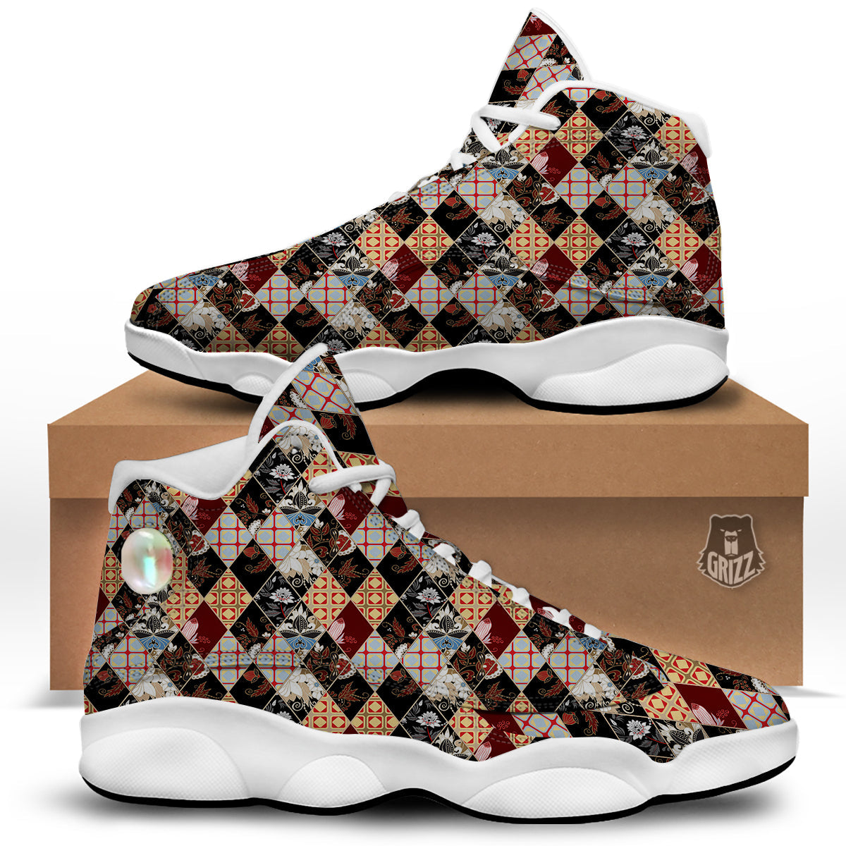 Abstract Patchwork Floral Print Pattern White Basketball Shoes-grizzshop