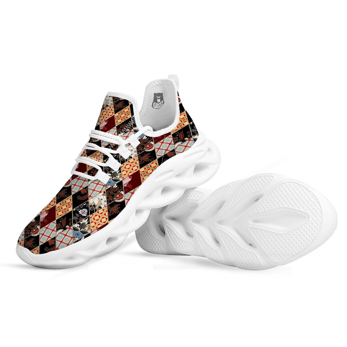 Abstract Patchwork Floral Print Pattern White Running Shoes-grizzshop