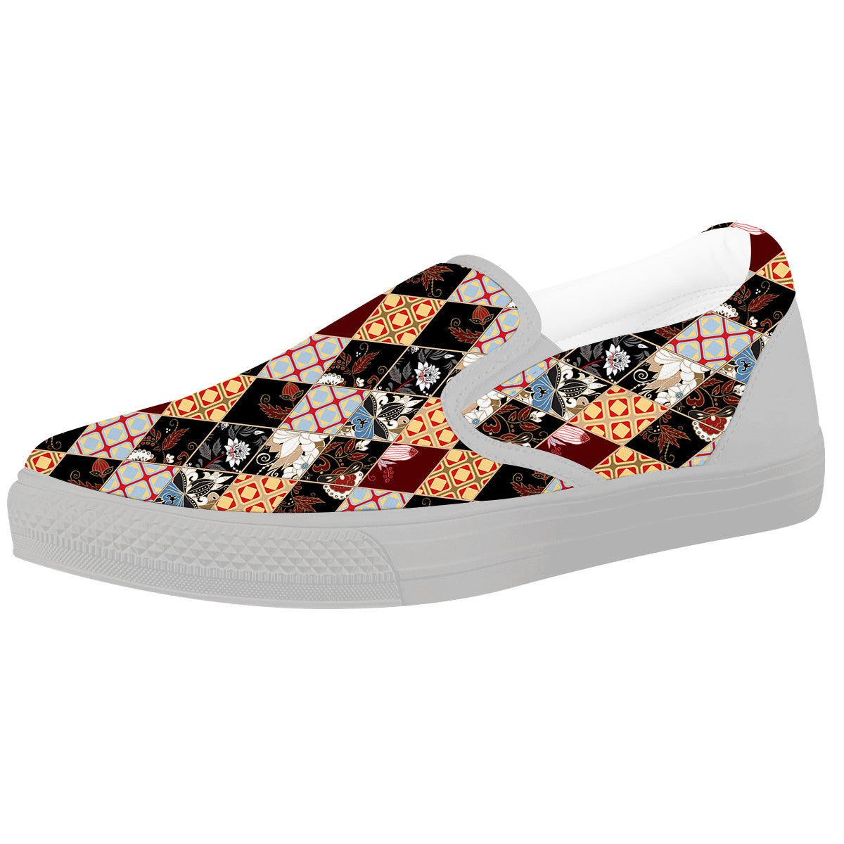 Abstract Patchwork Floral Print Pattern White Slip On Shoes-grizzshop
