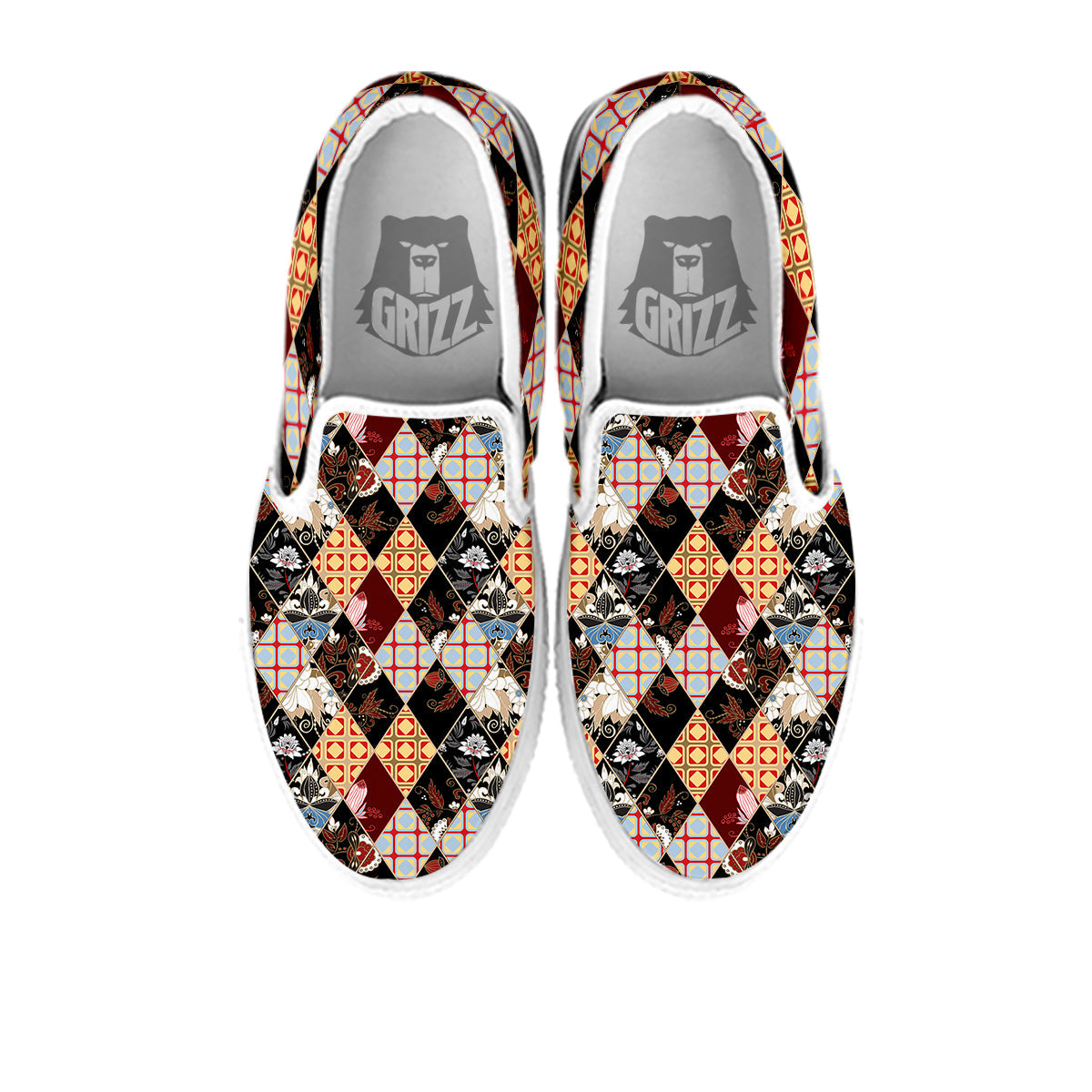 Abstract Patchwork Floral Print Pattern White Slip On Shoes-grizzshop