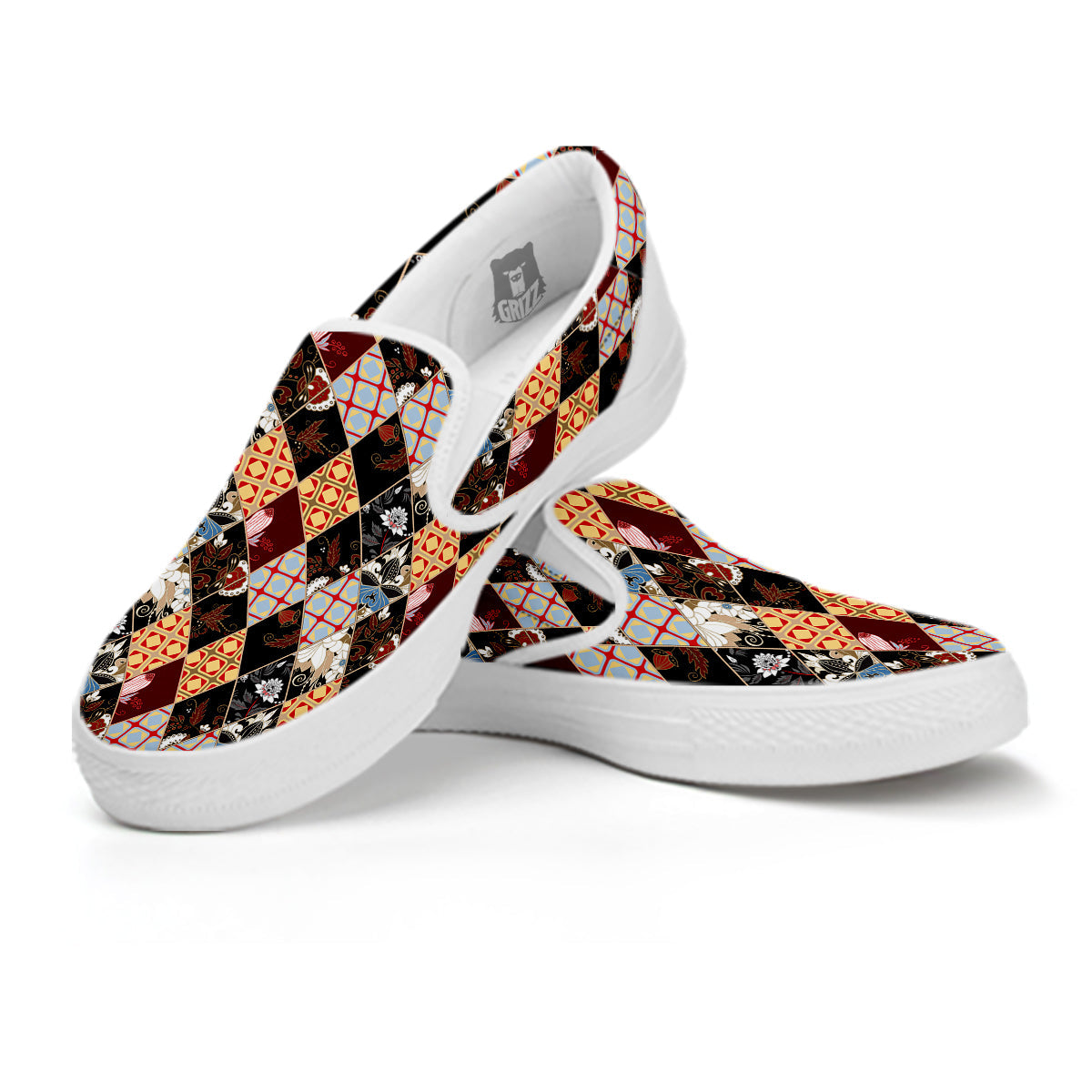 Abstract Patchwork Floral Print Pattern White Slip On Shoes-grizzshop